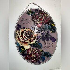 VINTAGE JOAN BAKER DESIGN HAND PAINTED FLORAL STAINED GLASS roses